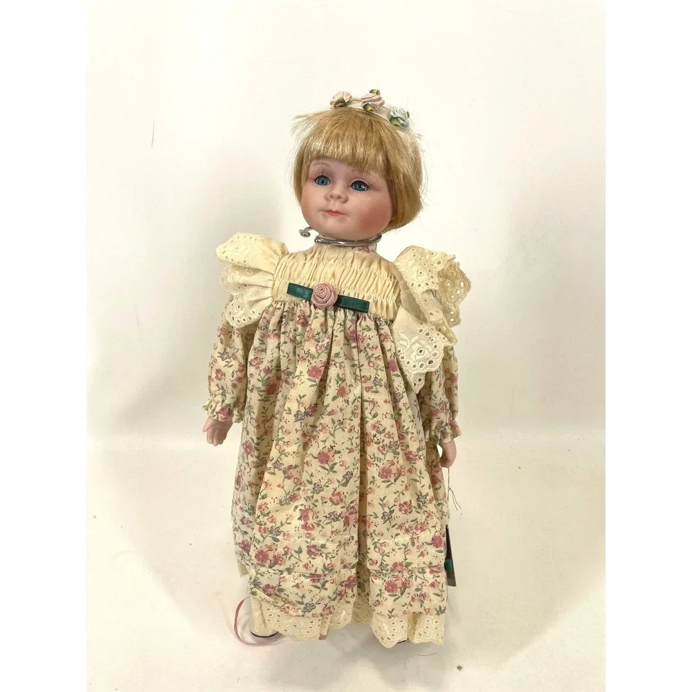 Decor & More Porcelain Doll Blonde Hair Blue Eyes Floral Dress Lace Trim 16 inch